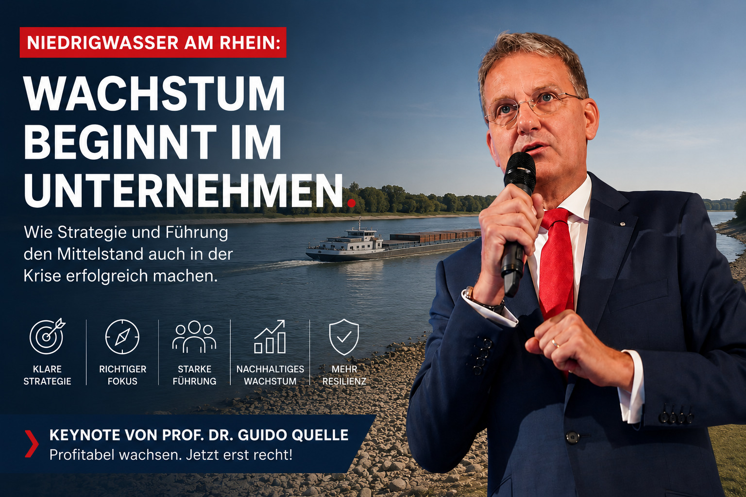 Prof. Dr. Guido Quelle mit Rhein bei Niedrigwasser im Hintergrund - Copyright Mandat Managementberatung GmbH